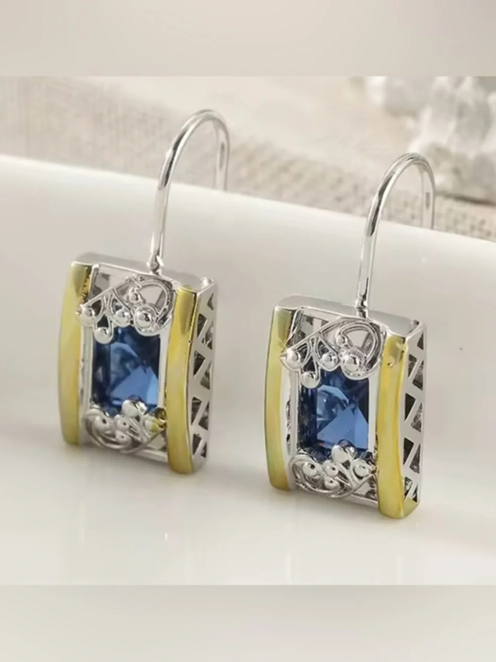 New .925 Silver & 18K Gold and Sapphire Earrings